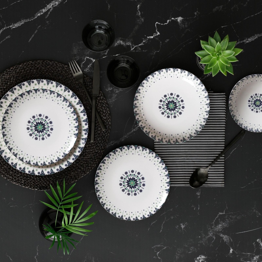 Комплект за хранене от порцелан, 24 части, бял/син