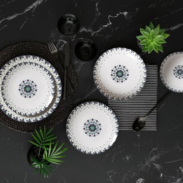 Комплект за хранене от порцелан, 24 части, бял/син