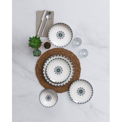 Комплект за хранене от порцелан, 24 части, бял/син