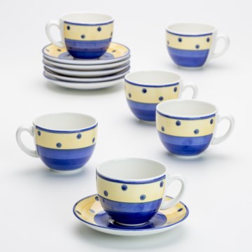 Комплект за кафе 6x керамична чаша с чинийка син жълт