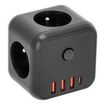 Контактен разклонител с превключвател LINEA 3x230V + 4xUSB A/C черен
