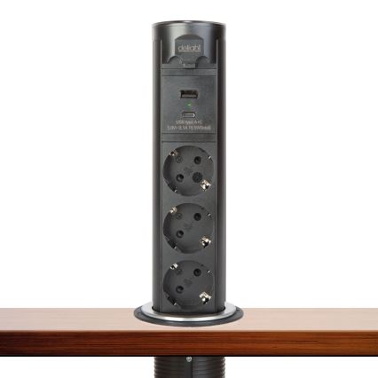 Контактна колона за плот на бюро 3x230V + USB-A + USB-C, черна