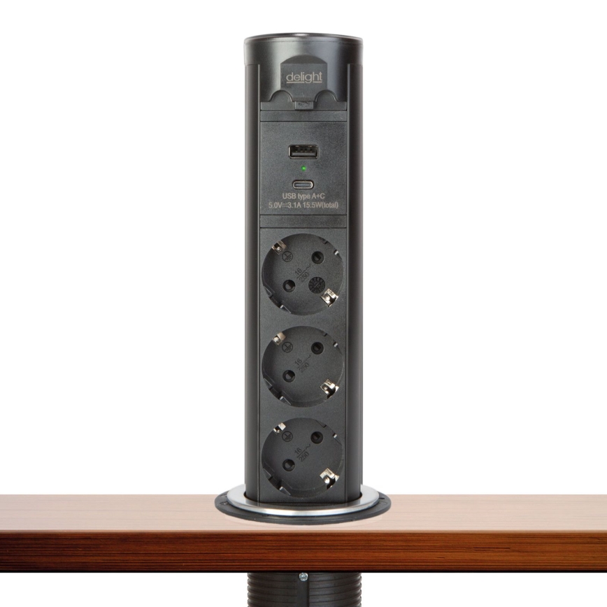 Контактна колона за плот на бюро 3x230V + USB-A + USB-C, черна