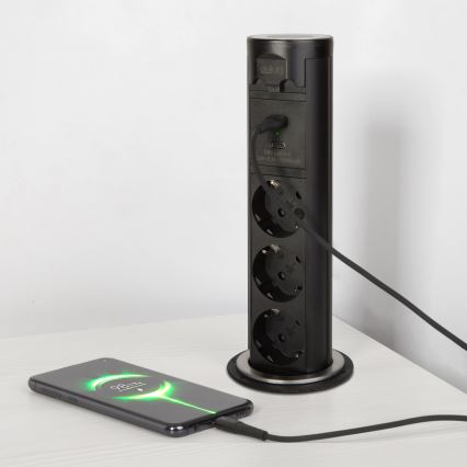Контактна колона за плот на бюро 3x230V + USB-A + USB-C, черна