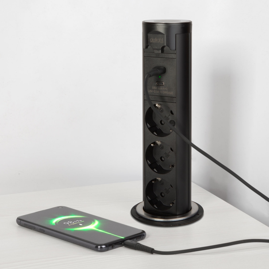 Контактна колона за плот на бюро 3x230V + USB-A + USB-C, черна