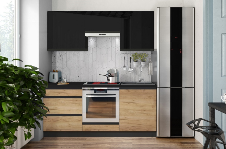 Кухненски комплект MARINA 180 см дъб крафт/гланцово черно