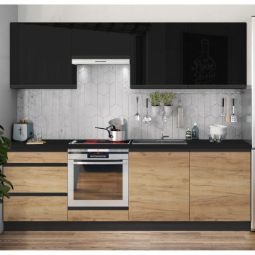 Кухненски комплект MARINA 240 см, дъб крафт/лъскаво черно