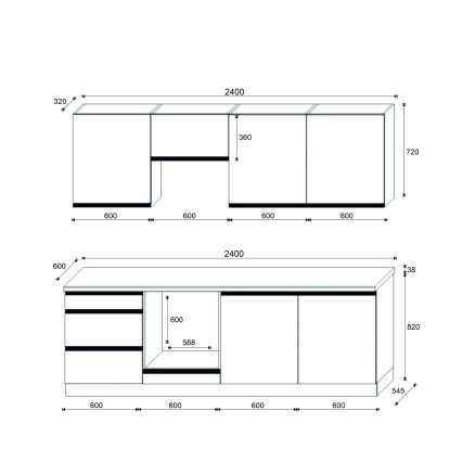 Кухненски комплект MARINA 240 см, дъб крафт/лъскаво черно