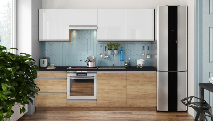 Кухненски комплект MARINA 240 см крафт дъб/гланцово бяло