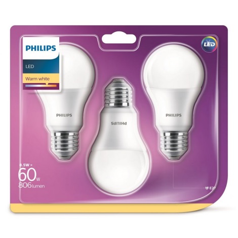 Комплект 3x LED крушка Philips A60 E27/8,5W/230V 2700K