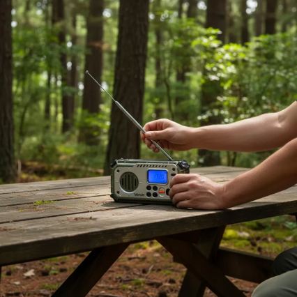 Кемпинг радио с манивела, слънчев панел и LED фенер с функция на power bank 5V/3xAAA/2000 mAh IPX4 зелено