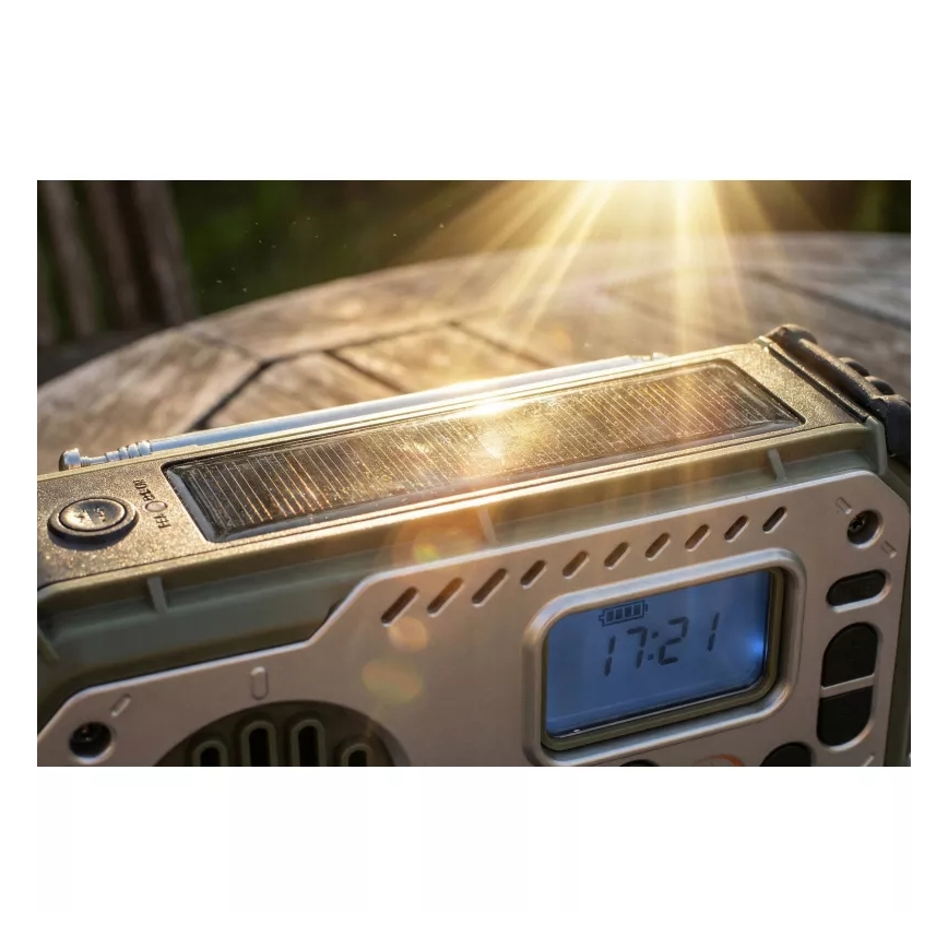 Кемпинг радио с манивела, слънчев панел и LED фенер с функция на power bank 5V/3xAAA/2000 mAh IPX4 зелено