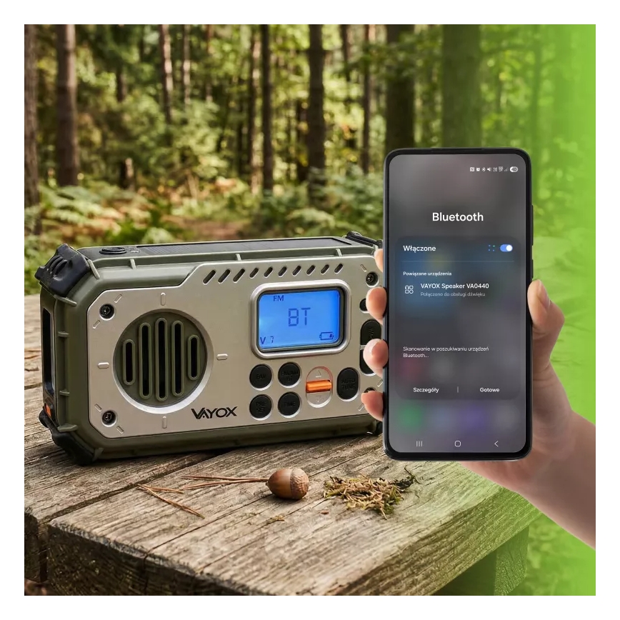 Кемпинг радио с манивела, слънчев панел и LED фенер с функция на power bank 5V/3xAAA/2000 mAh IPX4 зелено