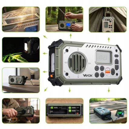 Кемпинг радио с манивела, слънчев панел и LED фенер с функция на power bank 5V/3xAAA/2000 mAh IPX4 зелено