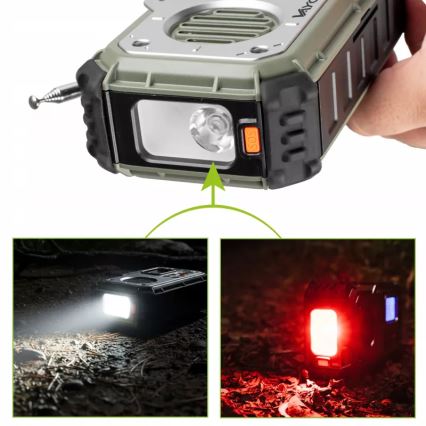 Кемпинг радио с манивела, слънчев панел и LED фенер с функция на power bank 5V/3xAAA/2000 mAh IPX4 зелено