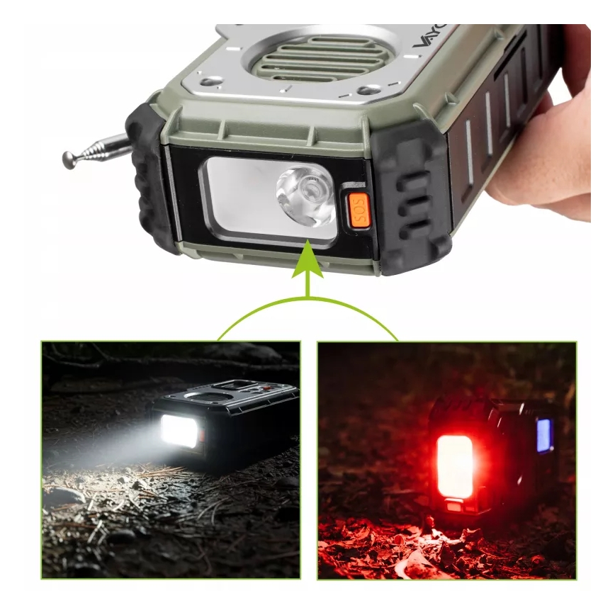 Кемпинг радио с манивела, слънчев панел и LED фенер с функция на power bank 5V/3xAAA/2000 mAh IPX4 зелено
