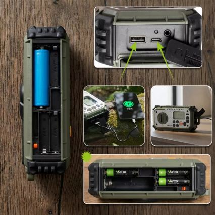 Кемпинг радио с манивела, слънчев панел и LED фенер с функция на power bank 5V/3xAAA/2000 mAh IPX4 зелено