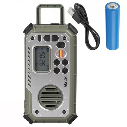 Кемпинг радио с манивела, слънчев панел и LED фенер с функция на power bank 5V/3xAAA/2000 mAh IPX4 зелено