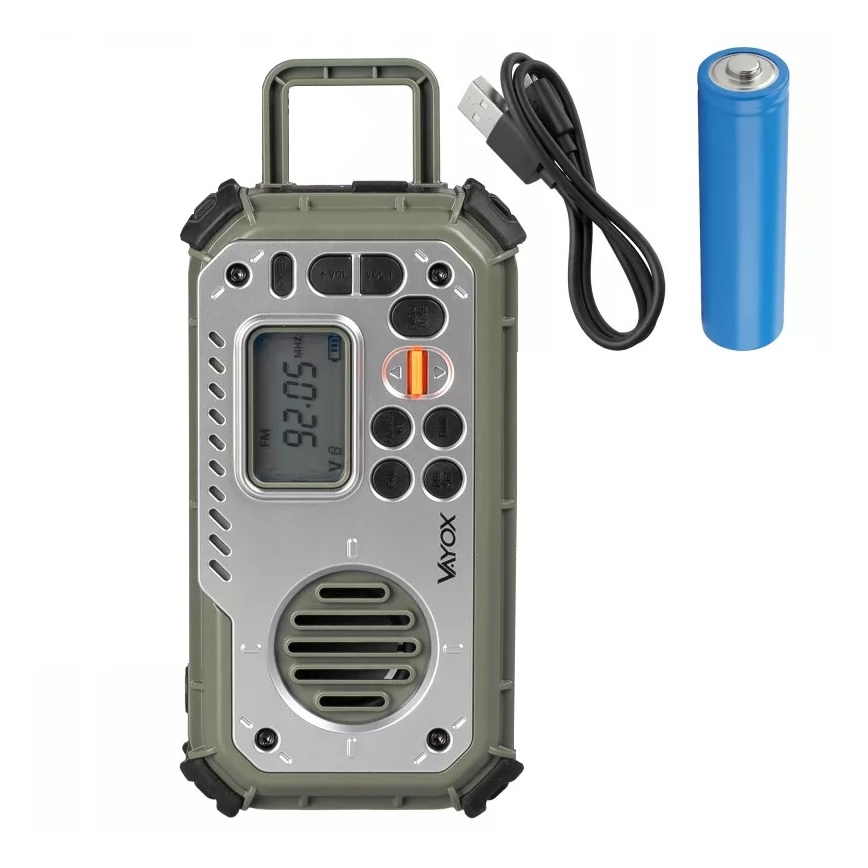 Кемпинг радио с манивела, слънчев панел и LED фенер с функция на power bank 5V/3xAAA/2000 mAh IPX4 зелено