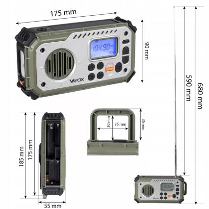 Кемпинг радио с манивела, слънчев панел и LED фенер с функция на power bank 5V/3xAAA/2000 mAh IPX4 зелено