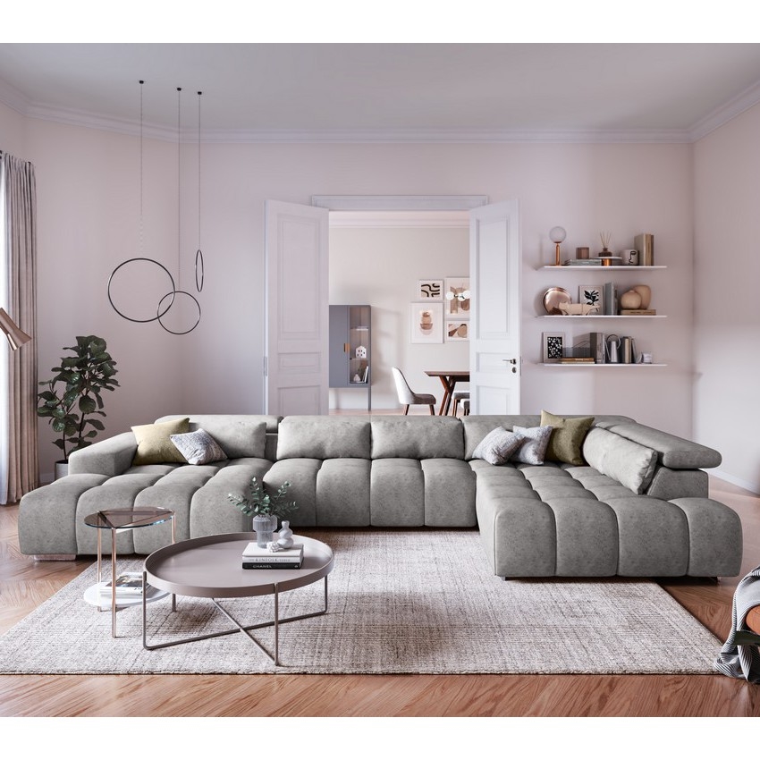 Ъглов диван с облегалки за глава във формата на U TROPEA, десен, сив