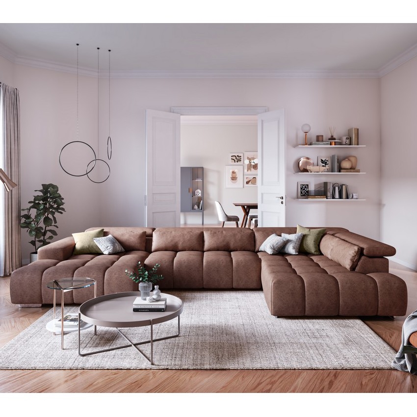 Ъглов диван с облегалки за глава във формата на U TROPEA, десен, кафяв