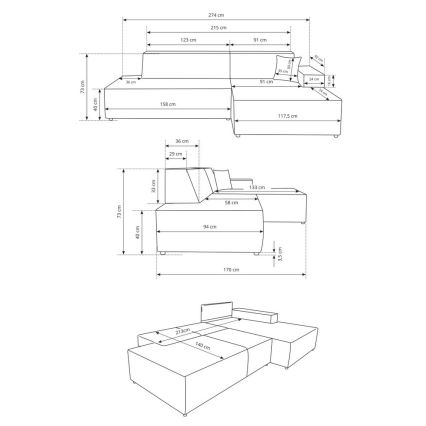 Ъглов диван TERAMO с разтегателен механизъм и място за съхранение, дясна L конфигурация, бежов