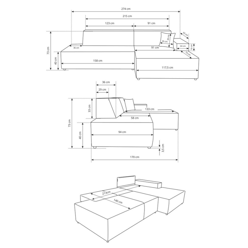 Ъглов диван TERAMO с разтегателен механизъм и място за съхранение, дясна L конфигурация, бежов