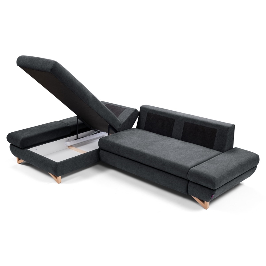 Разтегателен ъглов тапициран диван AVESTA, L-образен, с място за съхранение, ляв, антрацит