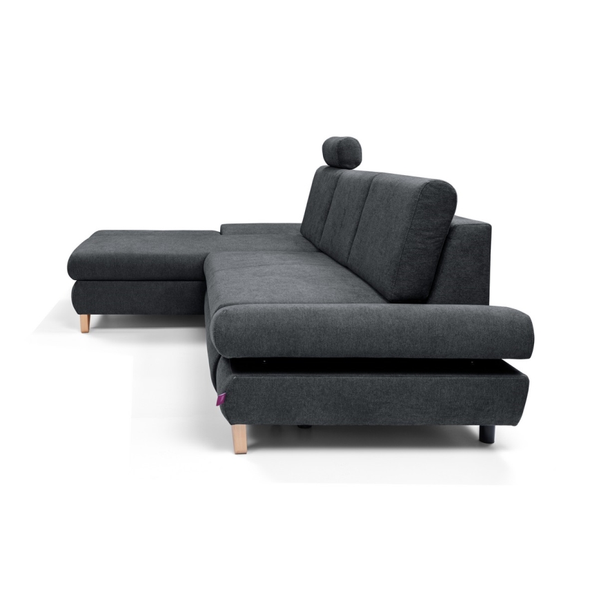 Разтегателен ъглов тапициран диван AVESTA, L-образен, с място за съхранение, ляв, антрацит